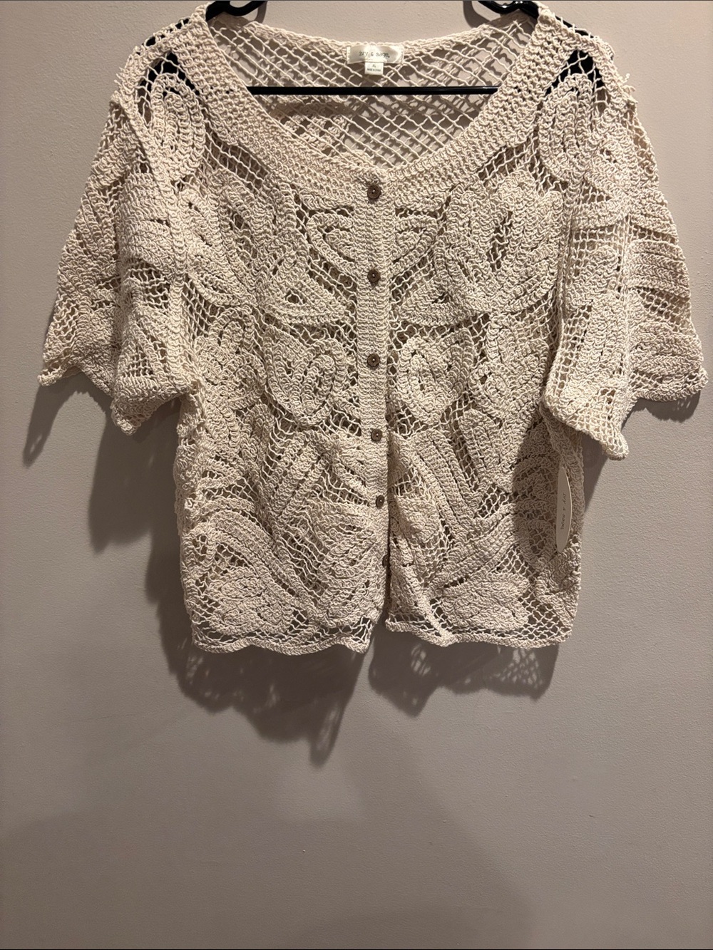 Open-Knit Button-Front Cardigan in Cream